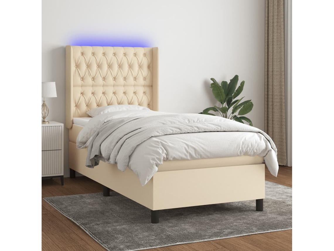 Vidaxl Cama Box Spring C/ Colchão E Led 90x190 Cm Tecido Cor Creme
