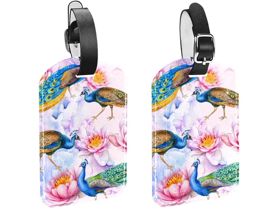 Conjunto De 2 Etiquetas Bagagem Em Imitação Couro Com Estampa Pavão