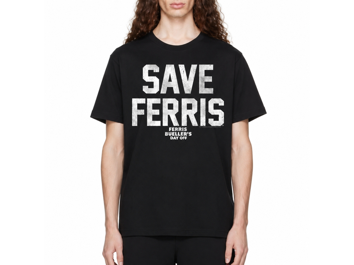 Rockinstone Ferris Bueller's Day Off Save Ferris White Ink Black Adult T-shirt Size:l