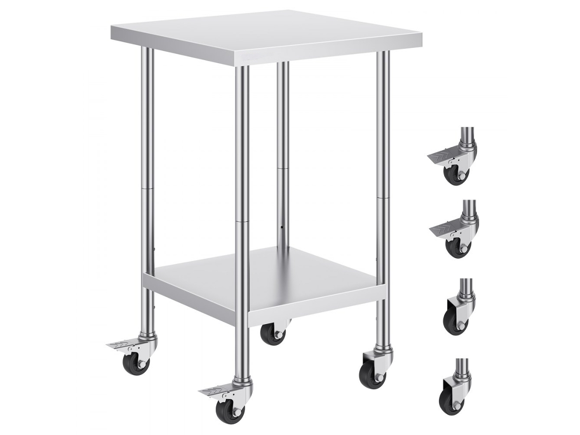 Mesa Inox Ajustável Com Rodas E Prateleiras Para Cozinha E Restauração Tekmaquinas