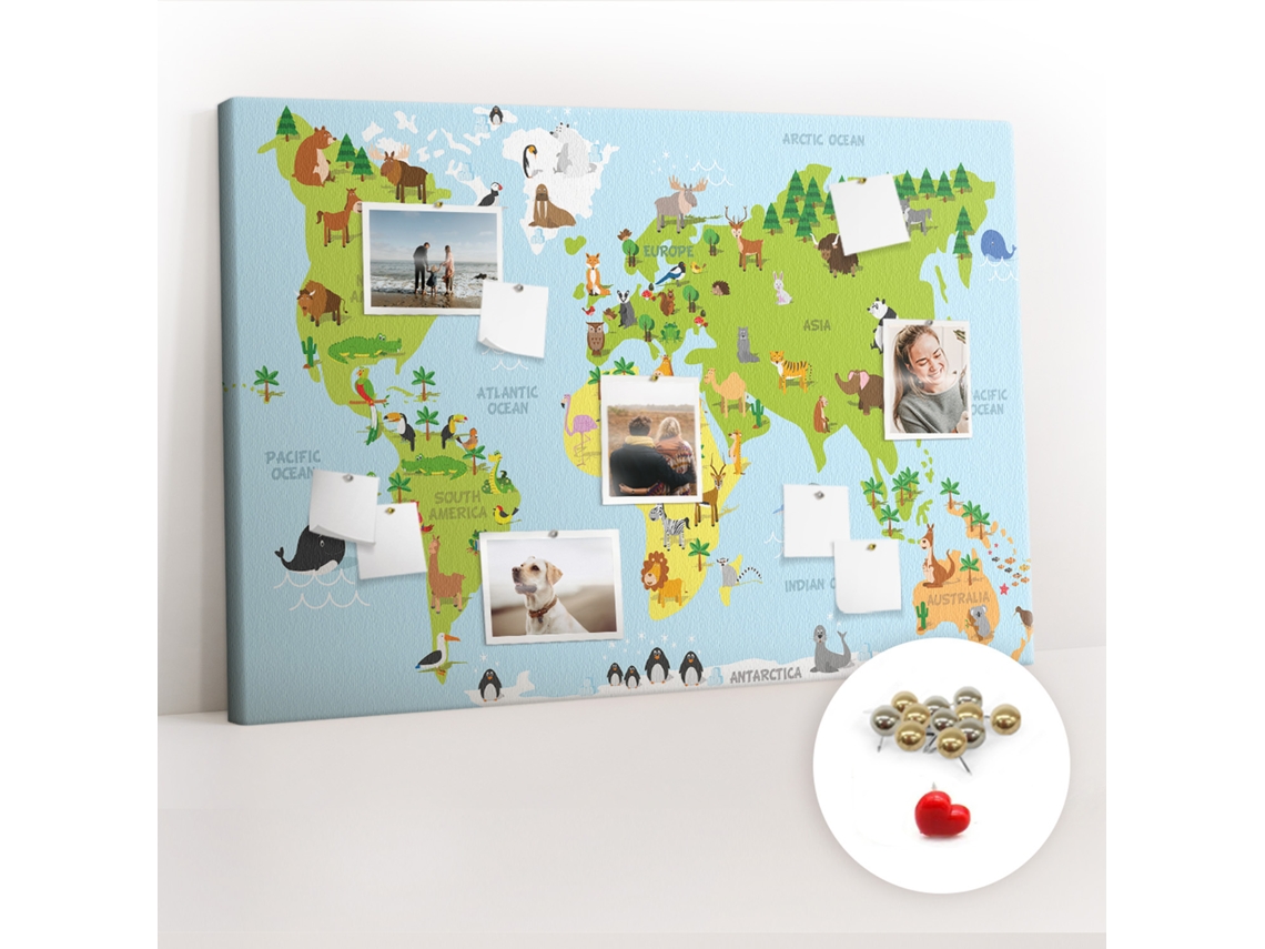Quadro De Cortiça Mapa-múndi Com Animais Para O Quarto Das Crianças Espelharte (120x80 Cm)