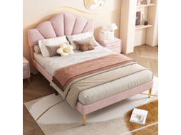 Cama Casal Rosa 140x190cm Veludo, Concha, Pernas Douradas, Ripas. Ge