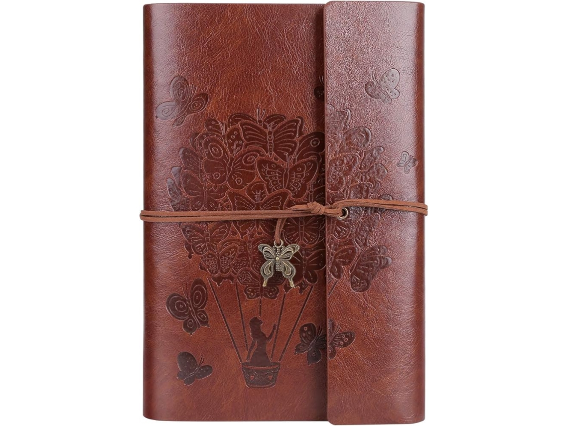 Caderno de viagem A5 em couro com espiral e papel pautado, com relevo e detalhes clássicos retrô Slowmoose (marrom)