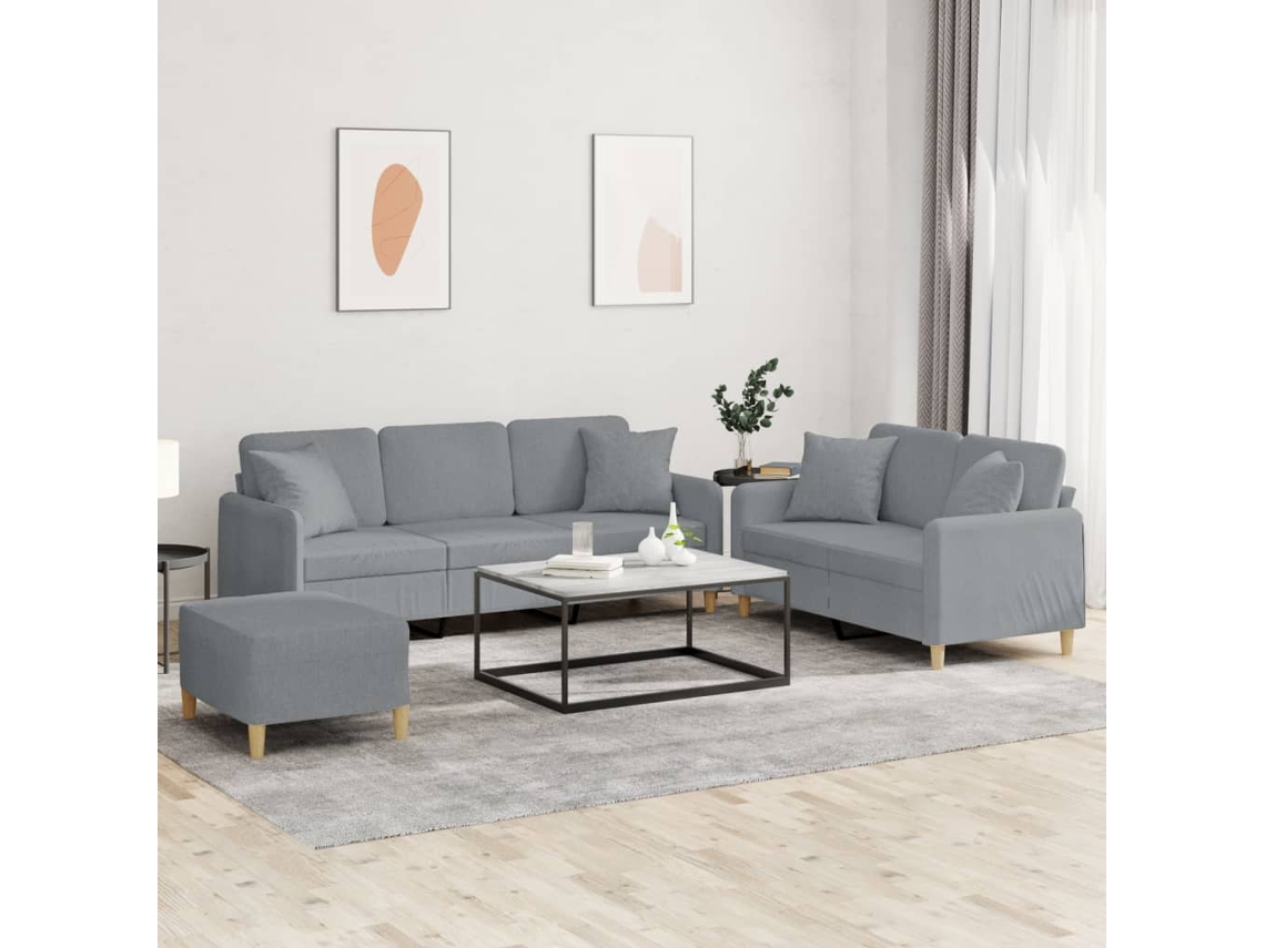 Vidaxl 3 Pcs Conjunto de Sofás com Almofadas Tecido Cinzento claro