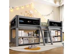 Cama Infantil Altura Média 90x200 Cm Com Prateleiras, Grades Segurança, Escada E Pinho Estilo Minimalista Cinza (sem Colchão)
