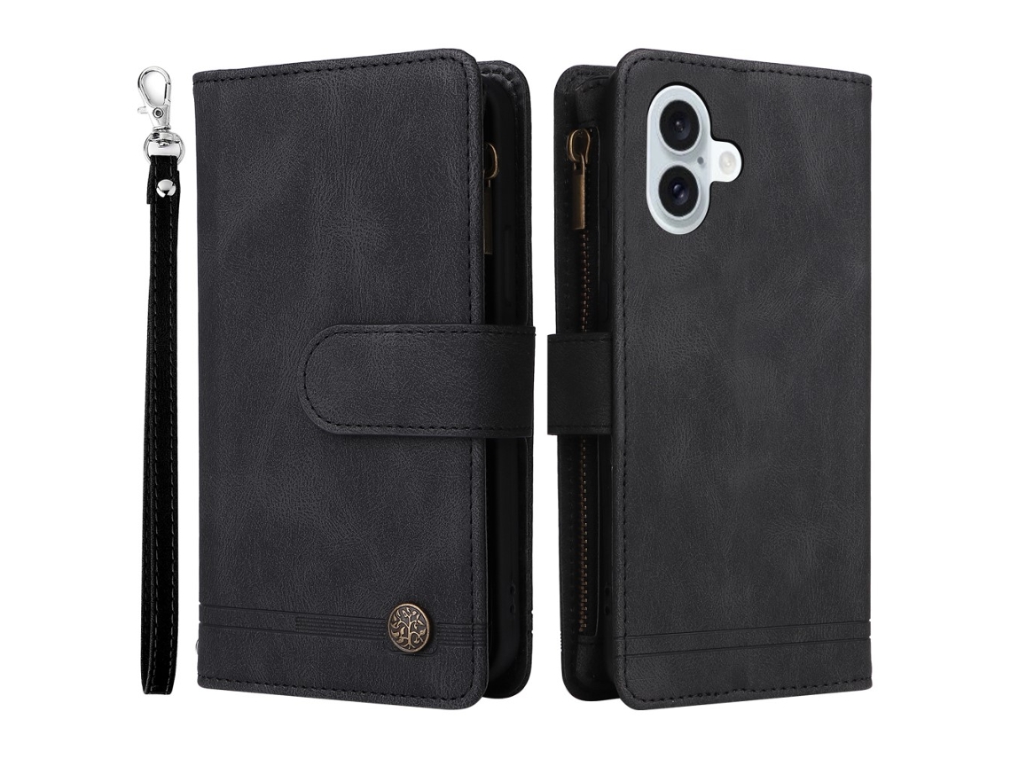 Capa Em Couro Pu, Com Pega, Para Apple Iphone 16 Plus - Preto