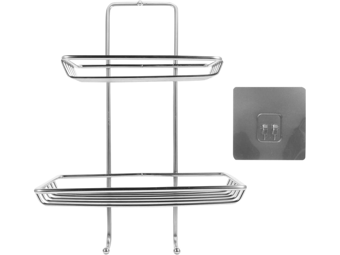 Suporte De Parede Para Sabonete Dois Níveis, Sem Furos, Em Aço Inoxidável Prateado, Com Dois Ganchos Para Cozinha