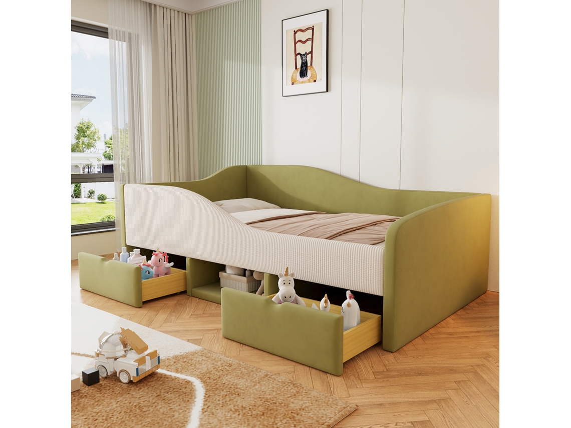 Sofá Polster Multifuncional 90x190cm Gavetas Cortinas Verde Escuro Branco Creme