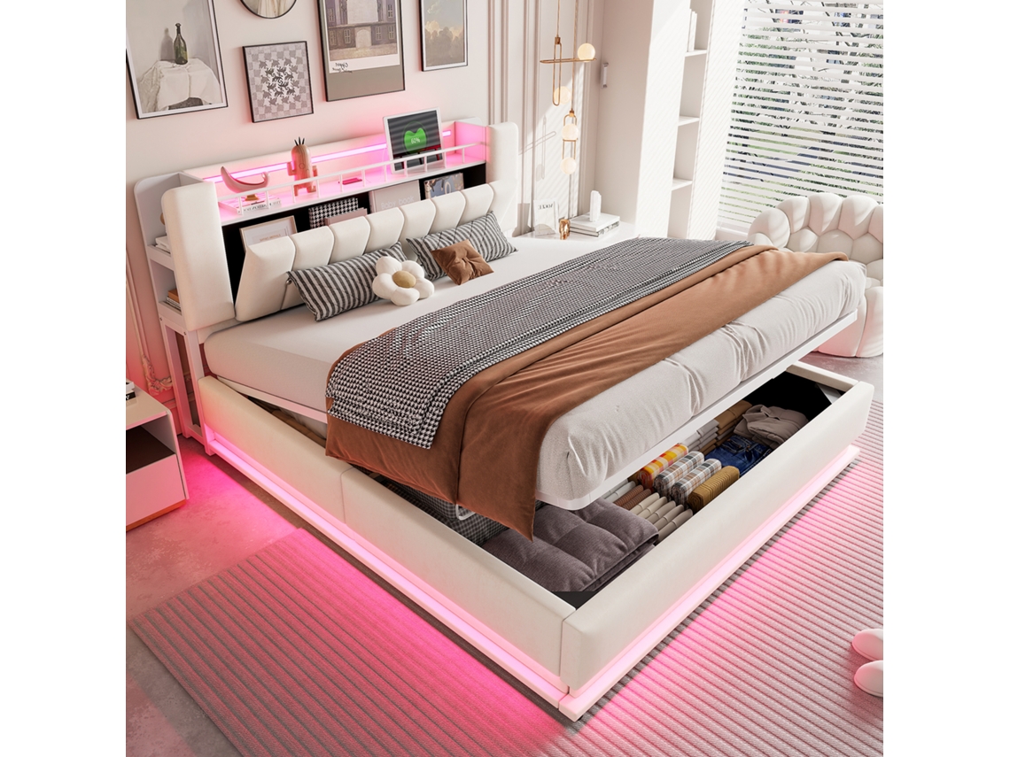 Cama Estofada Inteligente De 180 X 200 Cm Com Iluminação Led, Armazenamento Usb E Hidráulico, Capa De Veludo Macio E Estrutura Metálica, Bege-op