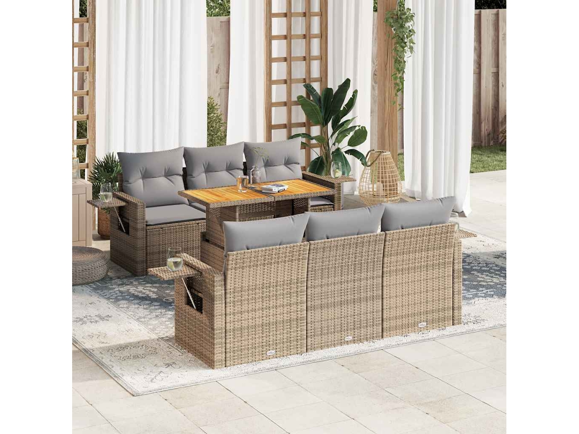Vidaxl 7 Pcs Conjunto De Sofás P/ Jardim Com Almofadões Vime Pe Bege