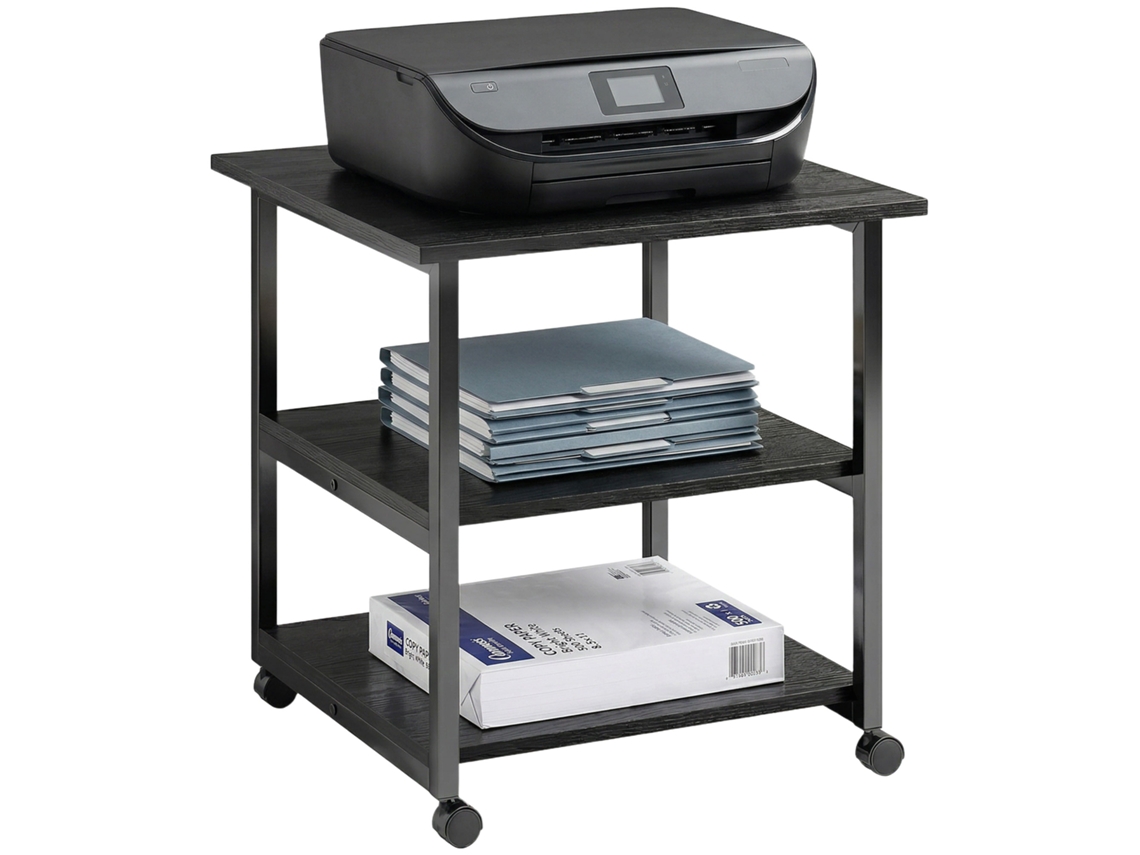 Carrello Porta Stampante A 3 Ripiani Con 4 Ruote, Legno E Acciaio, 50x50x52,5cm, Nero