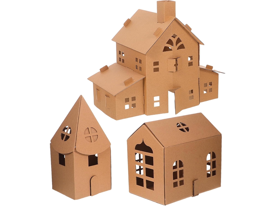 Kit Para Colorir Casinha De Papelão Faça Você Mesmo, 3 Peças, Para Meninos E Meninas.