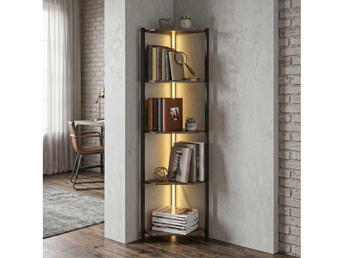 Estante De Canto Rústica Com 5 Prateleiras E Luz Led Para Sala, Quarto E Escritório, Decoração Moderna E Funcional.