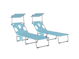 Conjunto 2 Espreguiçadeiras Dobráveis Dossel 360° Encosto 5 Posições Orifício Facial 188x56x27cm Azul Claro