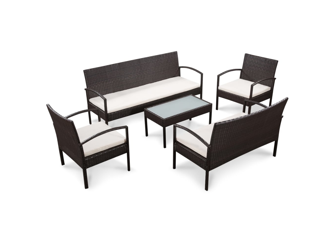 Vidaxl 5 Pcs Conjunto Lounge Jardim C/ Almofadões Vime Pe Castanho