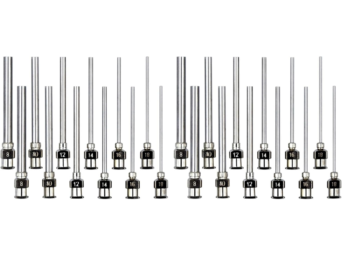 Conjunto De 24 Agulhas Dispensadoras Aço Inoxidável 1, 9 Polegadas 48mm, Com Ponta Luer Lock, Calibres 8, 10, 12, 14