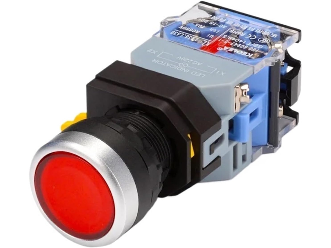 Botão De Pressão Iluminado La38 22mm Com Trava Automática E Reset, Botão Plano De 24v, Vermelho E Verde, Com Botão De