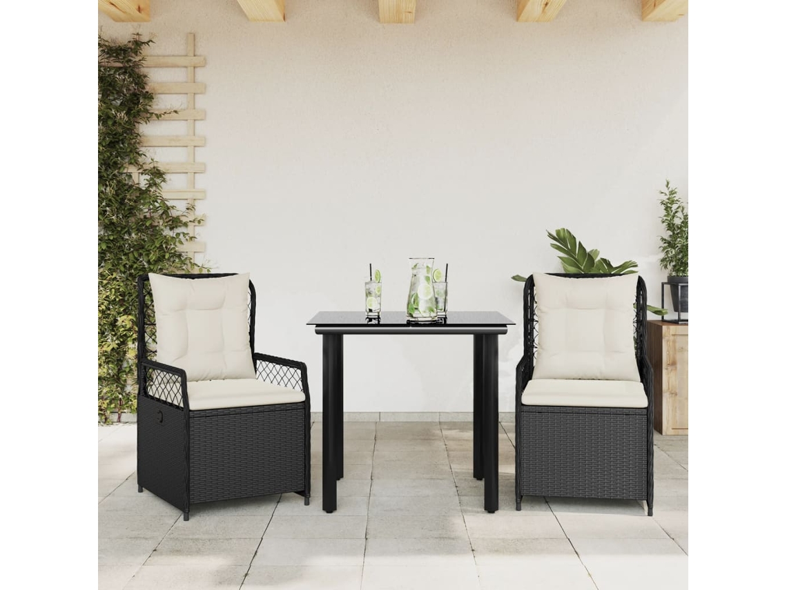 3 Pcs Conjunto De Jantar P/ Jardim C/ Almofadões Vime Pe Preto Dkd Home Decor