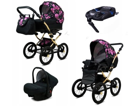 Carrinho de Bebé Multifuncional BABYLUX MARGARET GOLD 4 Em 1 -Bouquets Peony On Black - Ajustável e dobrável Construção leve em alumínio - Acessórios