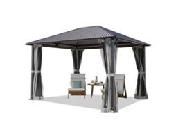 Gazebo De Jardim 3x3,65 M Com Teto De Aço Pavilhão Hardtop Com 4 Cortinas E Redes Mosquiteiras Em Cinza Toolport