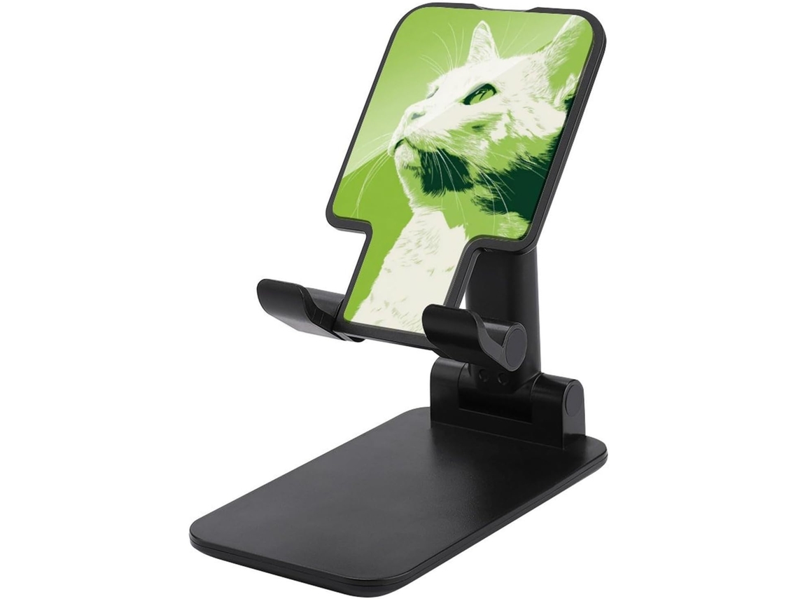 Suporte Dobrável E Ajustável Para Celular, Ideal Para Mesa, Com Estampa De Gato Branco Em Fundo Verde