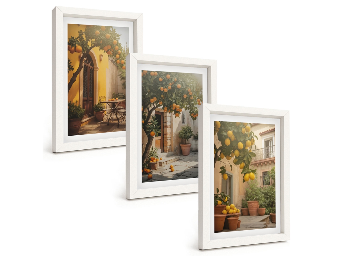 Composição De Quadros Pátio Ensolarado, Vasos De Frutas Cítricas Moldura Branca Imagens Para Um Quarto Infantil Espelharte (3 Peças 20x30 Cm)