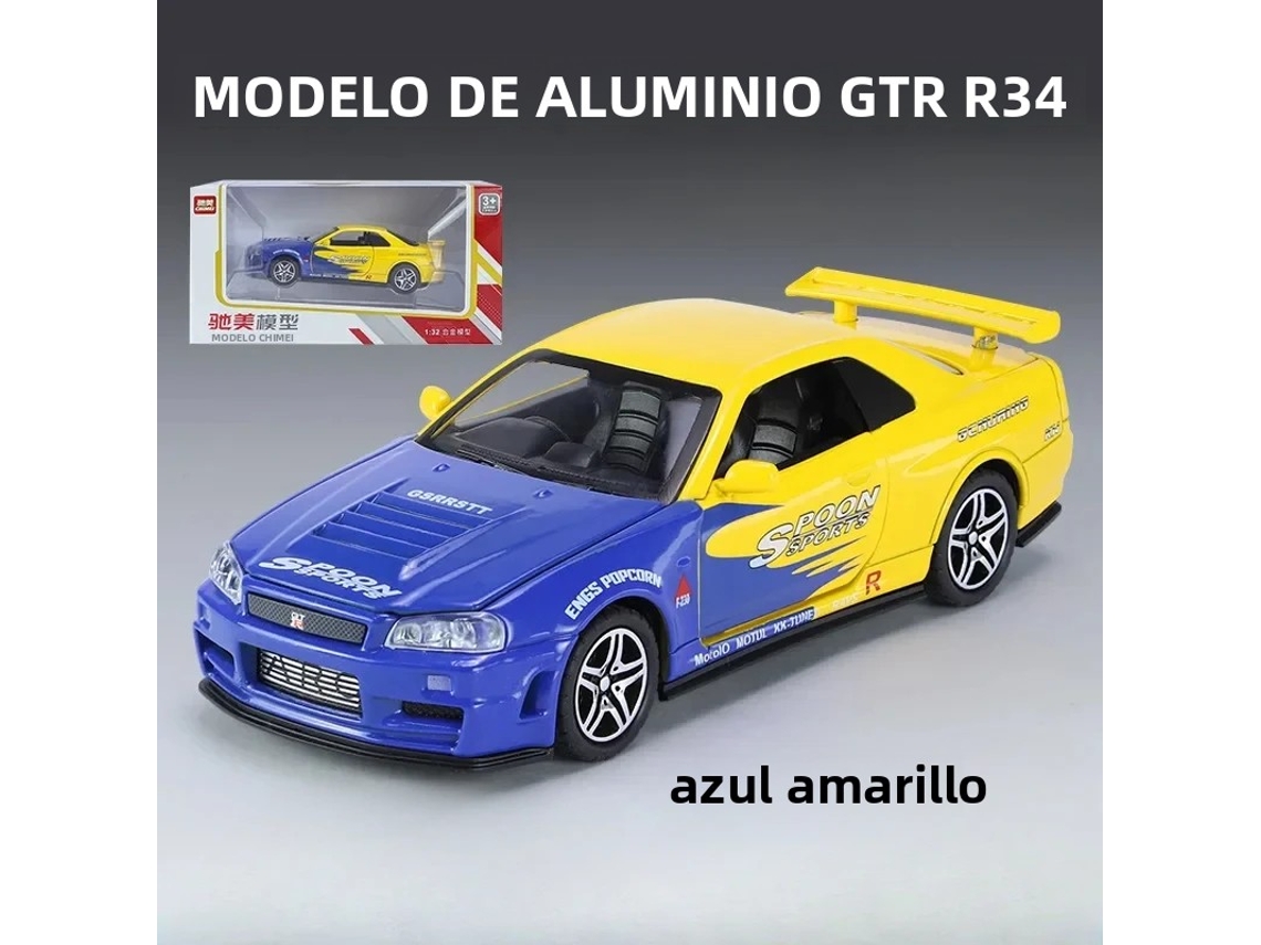 Miniatura Do Nissan Gtr34 (amarelo E Azul) Em Escala 1:32, Com Luzes E Efeitos Sonoros Realistas, Feita Em Metal Fundido.