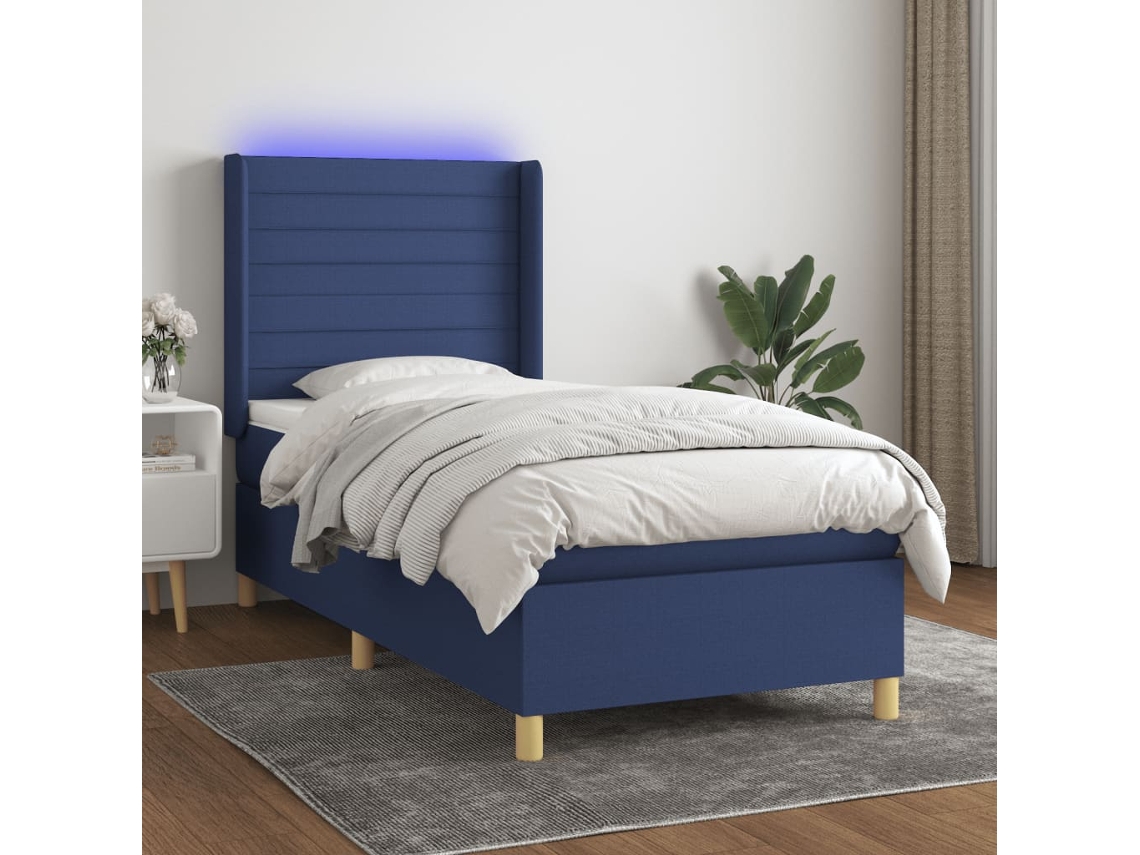 Vidaxl Cama Box Spring C/ Colchão E Led 100x200 Cm Tecido Azul