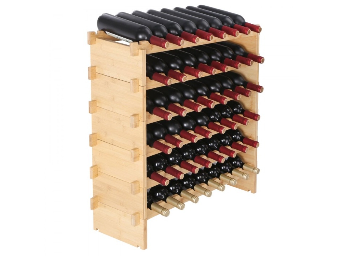 Garrafeira Empilhável em Bambu Natural para 48 Jarras, 6 Prateleiras, Montagem Sem Ferramentas, Ideal para Cozinha e Adega Tekmaquinas