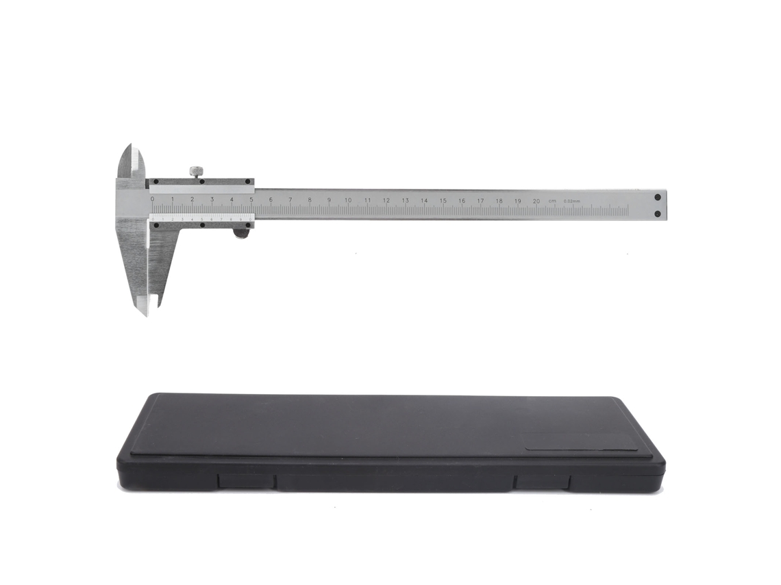 Paquímetro Vernier em aço inoxidável com roda de ajuste fino de 0 a 200 mm, ferramenta de medição industrial.