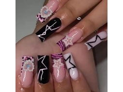 Unhas Falsas de Impressão Rosa Quadrado Médio com Arte Francesa Capa Completa