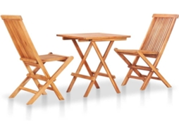 vidaXL Conjunto bistrô c/ almofadões xadrez cinzento 3 pcs teca maciça