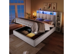 Cama Polster 90x200 Bege Com Usb-c Armazenamento Led App Controle