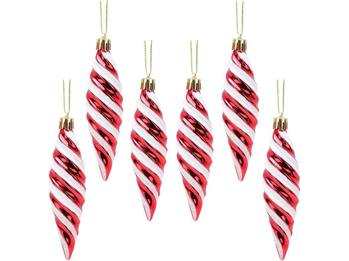 Pacote com 6 Bolas de Natal Espiral 11x3cm, Brilhantes com Glitter, Vermelho | S/MARCA