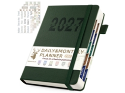 A5 2027-daily Planner 160-sheets English Spanish Weekly Monthly Calendar With Vertical Ribbon Binder, Green With