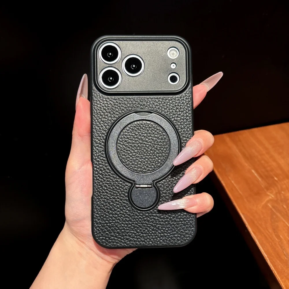 Capa Protetora Com Suporte Magnético (preta Para Iphone 16 Pro Max), Resistente A Impactos E Com Textura De Couro.