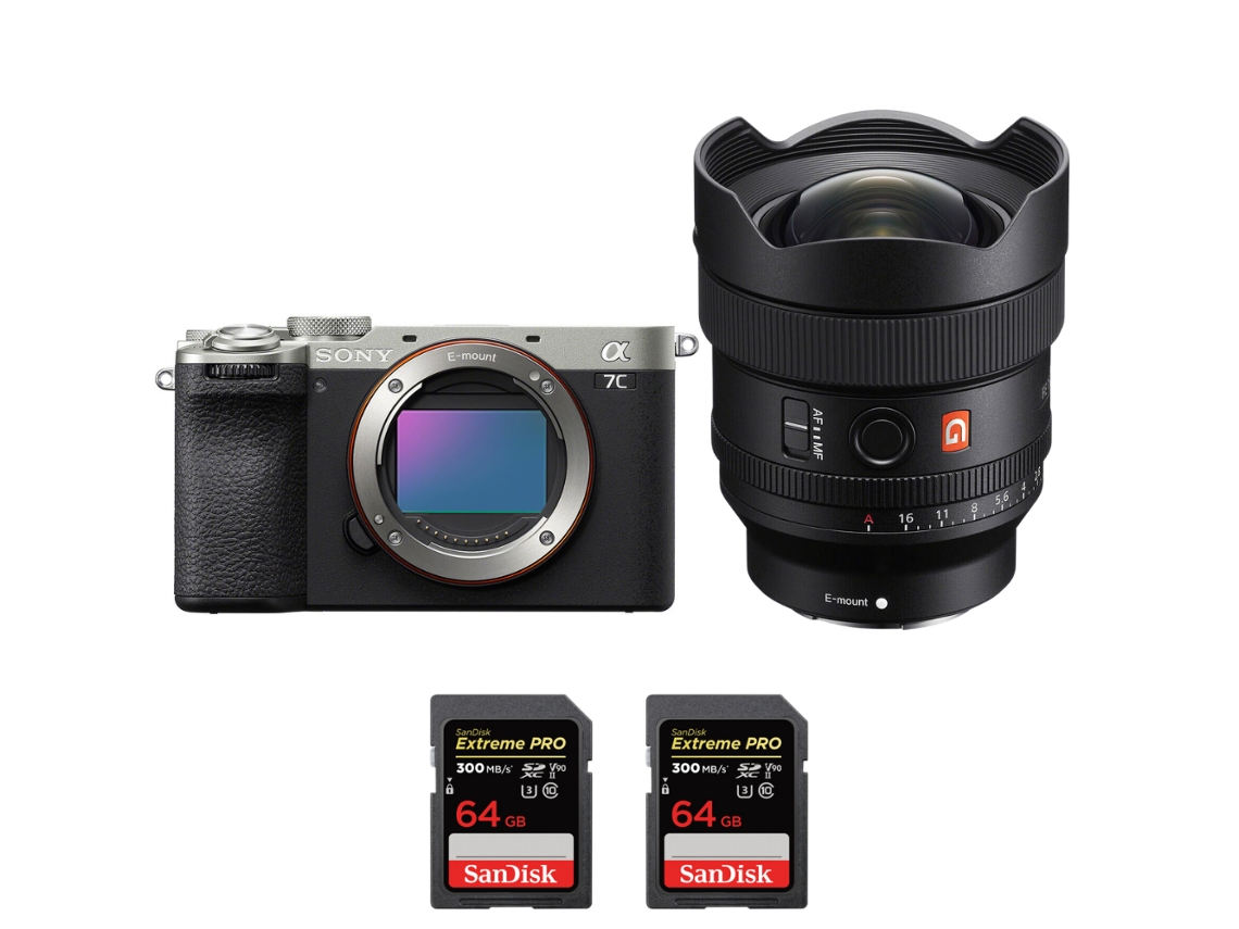 A7c Ii Prateado + Fe 14mm F/1.8 Gm + 2 Sandisk 64gb Uhs ii 300mb/s Máquina Fotográfica Híbrida + Ebook “20 Dicas para Fotos Que Impressionam” SONY