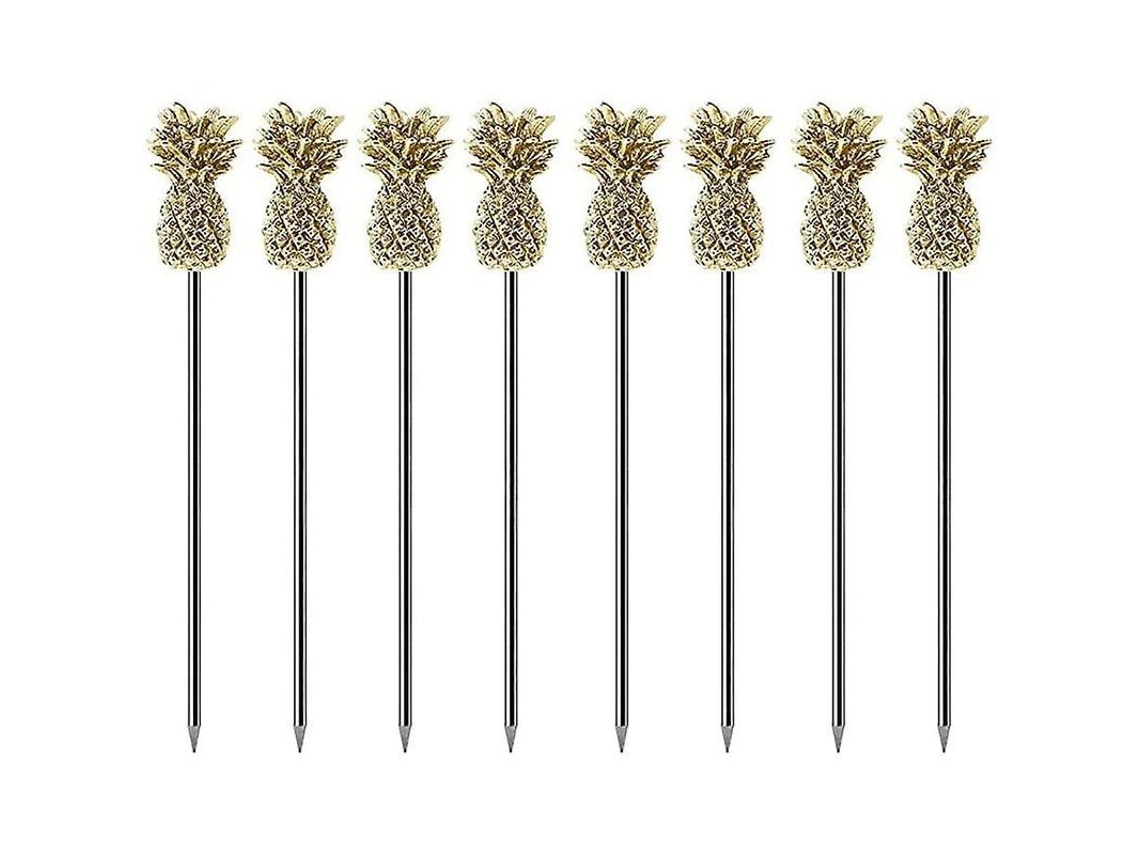 Nova Line palitos de Fruta Decorativos de Aço Inox com Abacaxi Dourado 11,5cm Pacote de 10