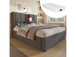 Cama Solteiro 90x200 Cm Com Colchão Apoio Lamas Carregamento Armazenamento Cinza Linho