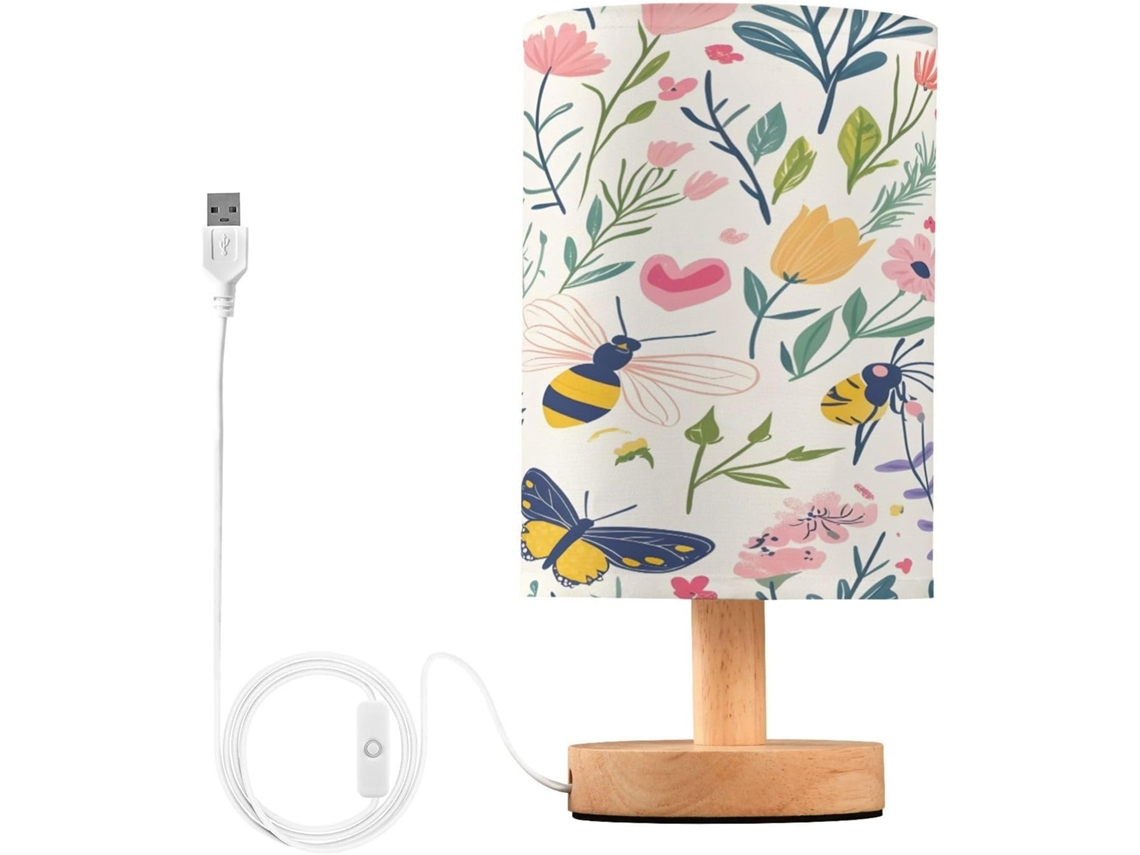 Cabeceira Abajur com estampa floral delicada para quarto, com suporte para carregamento USB-C e luminária de mesa para cabeceira.