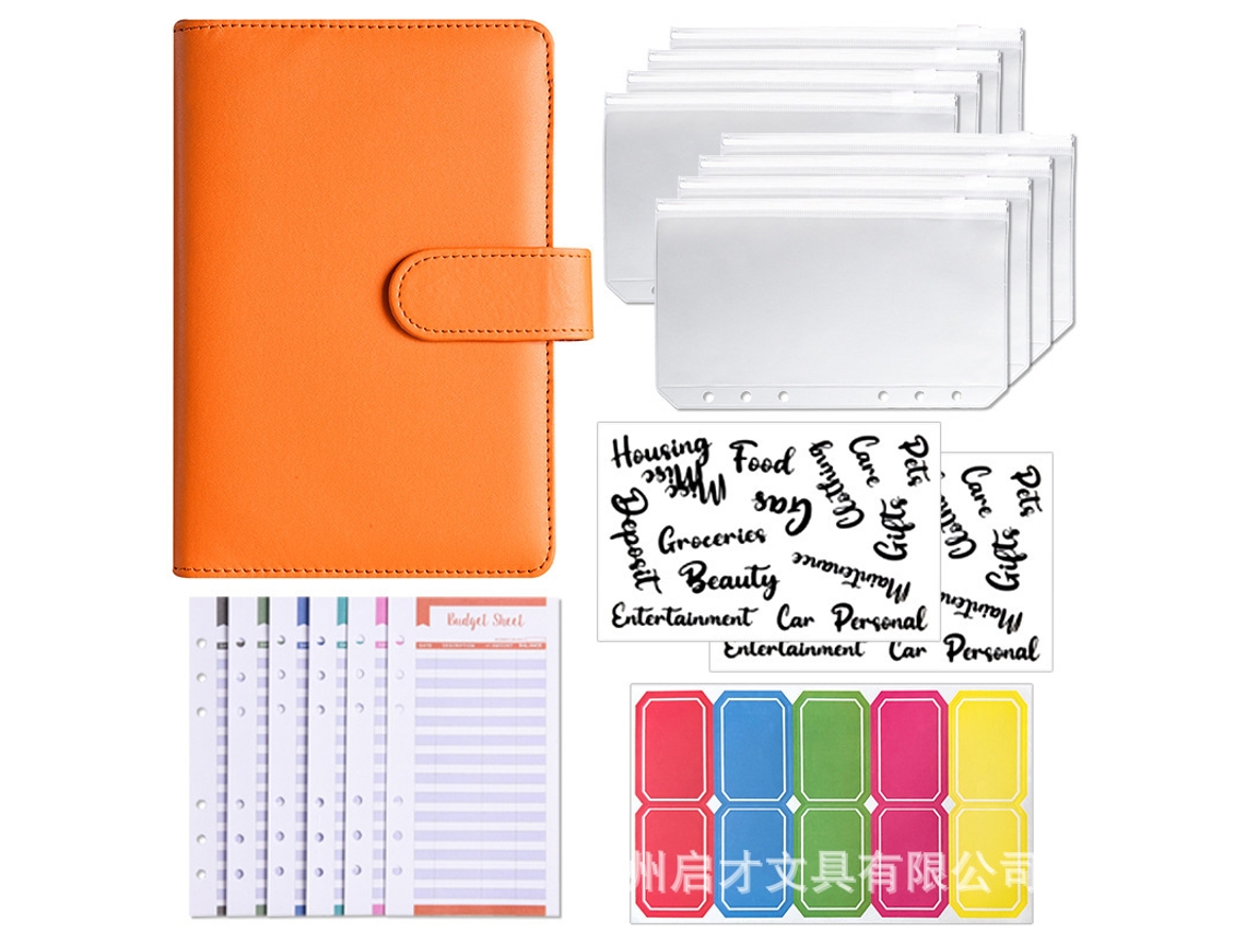 A6 Pu Leather Binder Budget Planner Cash Journal With Macaron Color Orange Cover, Includes 8-zipper Pouches, 12-budget