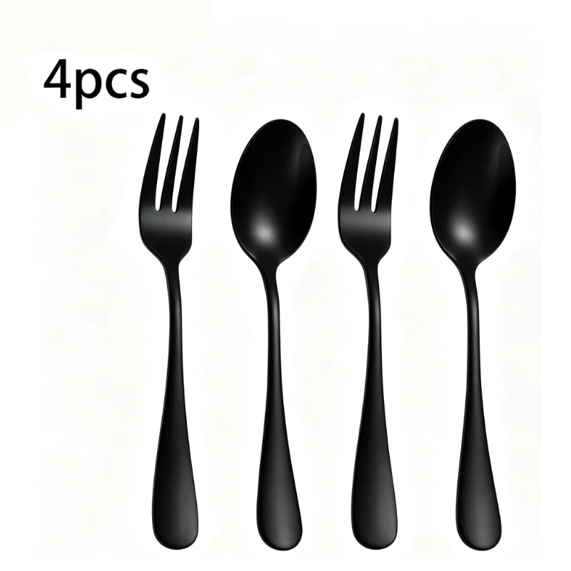 Conjunto De 4 Colheres E Garfos Em Aço Inoxidável, Tamanho 4 (preto), Simples E Elegante, Essencial Para Restaurantes E Hotéis.