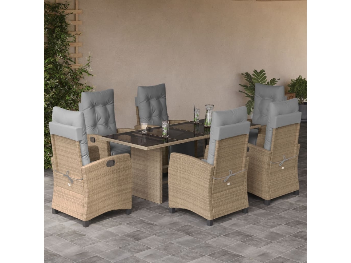 Vidaxl 7 Pcs Conj. Jantar Jardim C/ Almofadões Vime Pe Bege Misturado