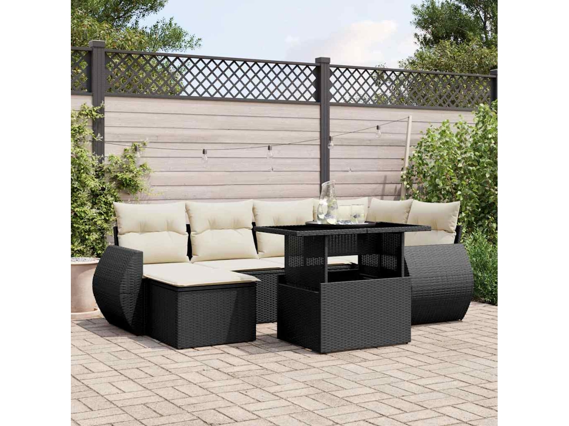 7 Pcs Conjunto De Sofás P/ Jardim C/ Almofadões Vime Pe Preto Dkd Home Decor