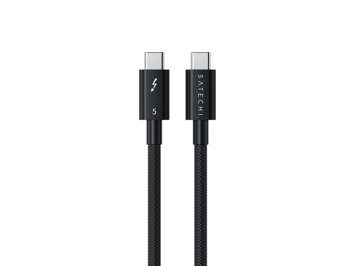 Cabo Thunderbolt 5 de 1m com fichas USB-C, suporta até 240W (USB PD 3.1), 120 Gbs (unidireccional), 80 Gpbs (bidireccional) e vídeo 8K/60Hz Windows e 6K MacOS.