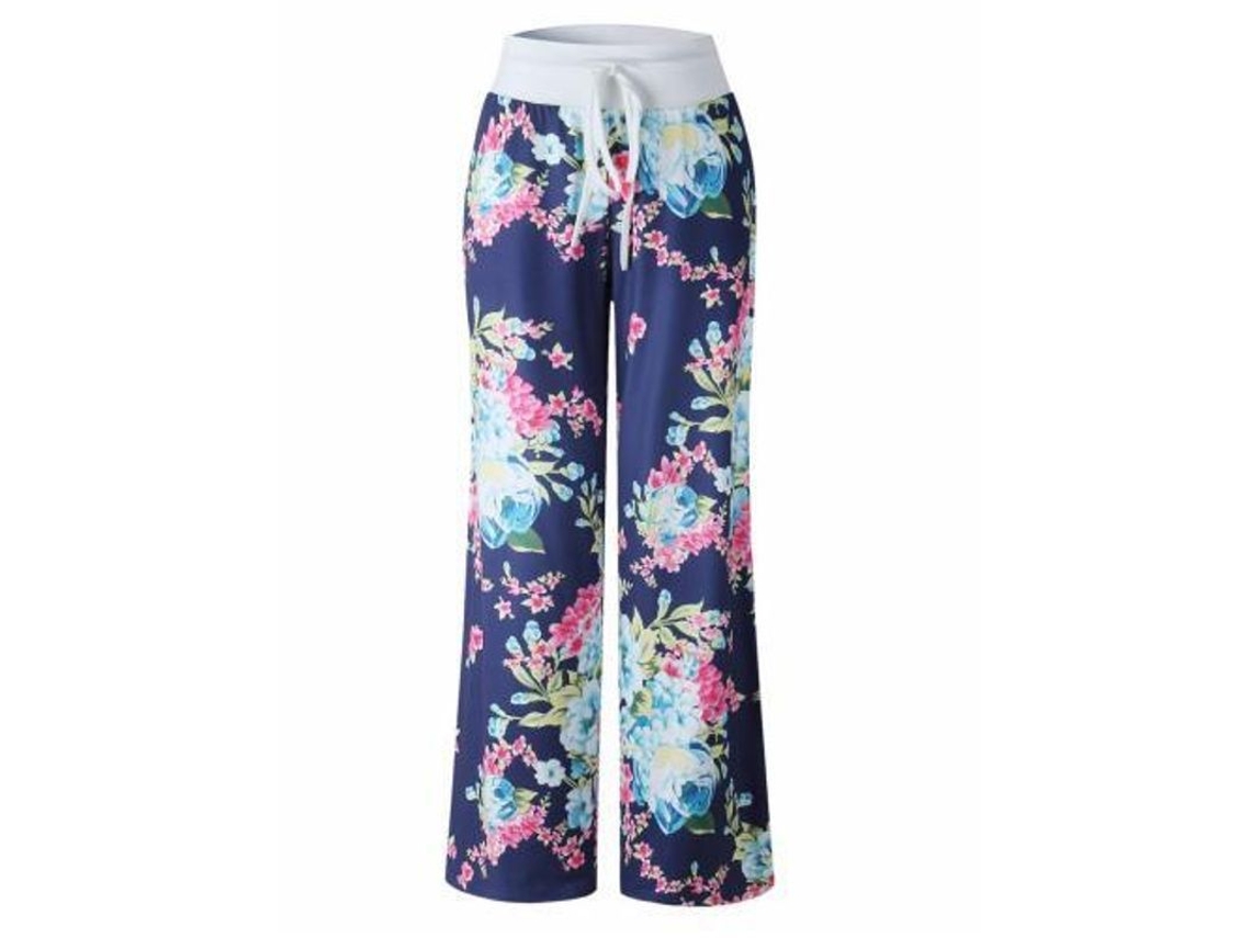 2026 pantalones de Descanso Amplios de Algodón Con Estampado Floral Y Cordón Ajustable para Mujer 3xl Blue3
