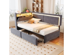 Sofá Cama 90x200 Cm Veludo Cinza Escuro Com Led Usb Armário Gaveta