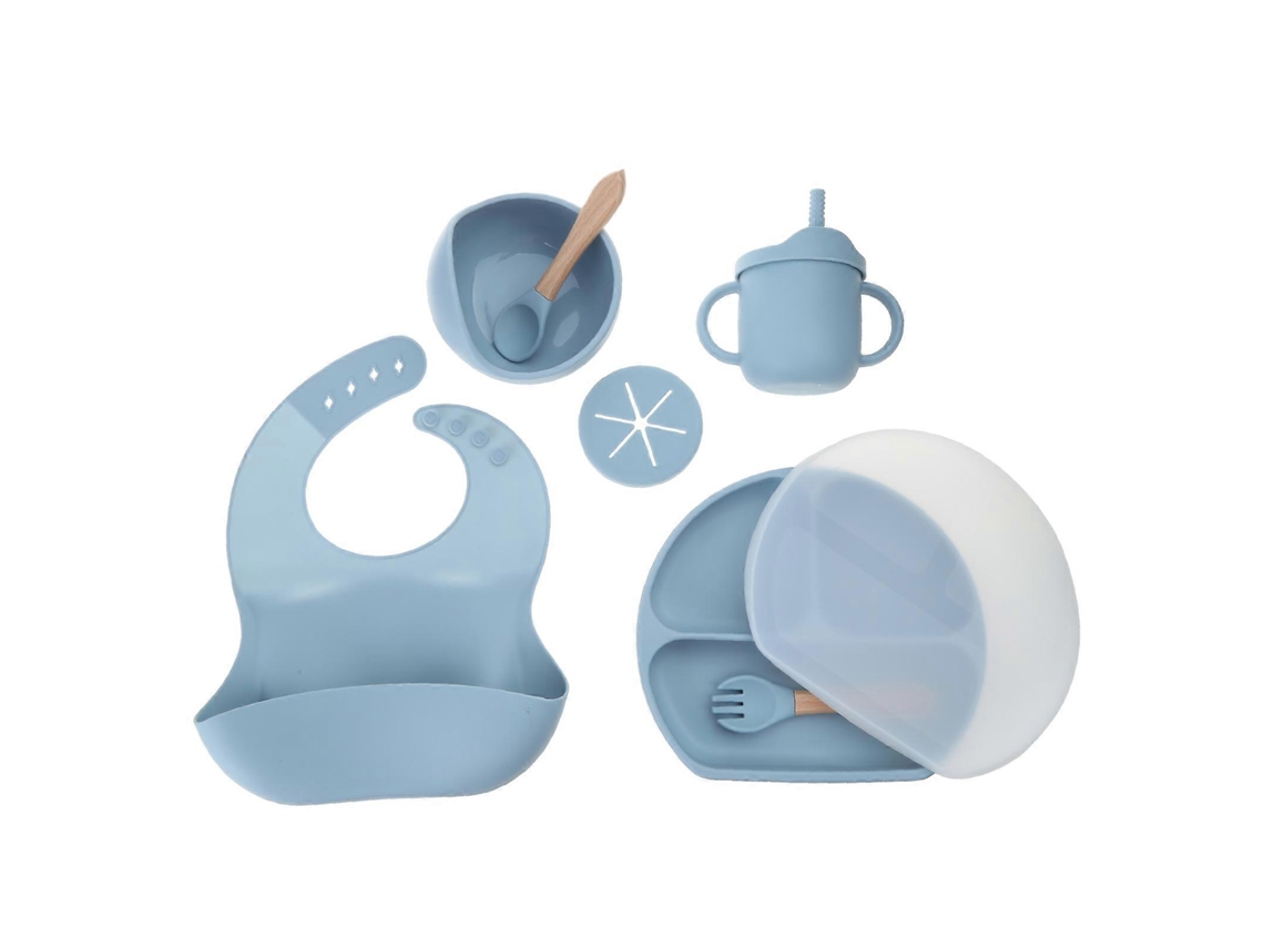 Babador Bebê Silicone com Divisão para Prato de Jantar, Ventosa, Colher, Gancho, Floco de Água, Prato Azul GIECY