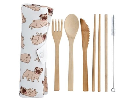 Conjunto de 6 Talheres de Bambu para Cão Pug e Bolsa de Arrumação PUCKATOR Mopps