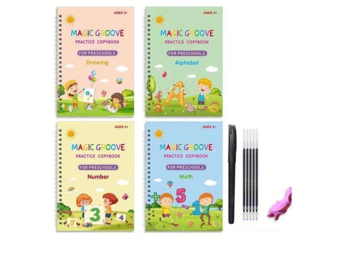 Caderno de Prática de Escrita Reutilizável, Conjunto com 4 Unidades e Cores Variadas BRILVIBERA